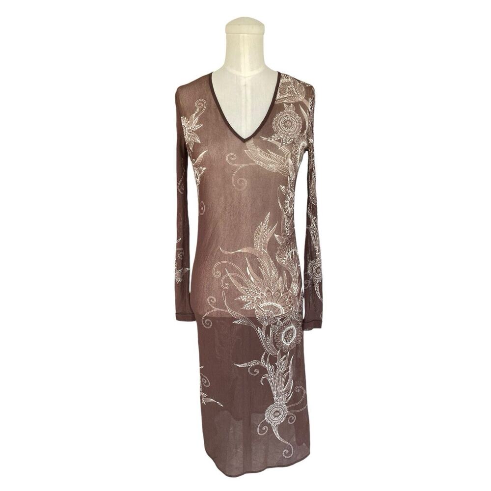 Vivienne Tam Vintage 90s Y2K Nylon White Floral Sheer Brown Mesh XS Long Sleeve